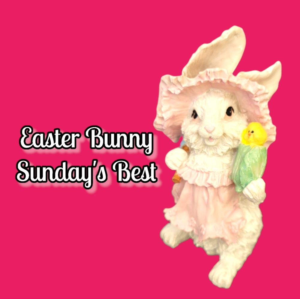 Vtg Lady Easter Bunny Rabbit Resin Pink Bonnet Dress Chick Figurine